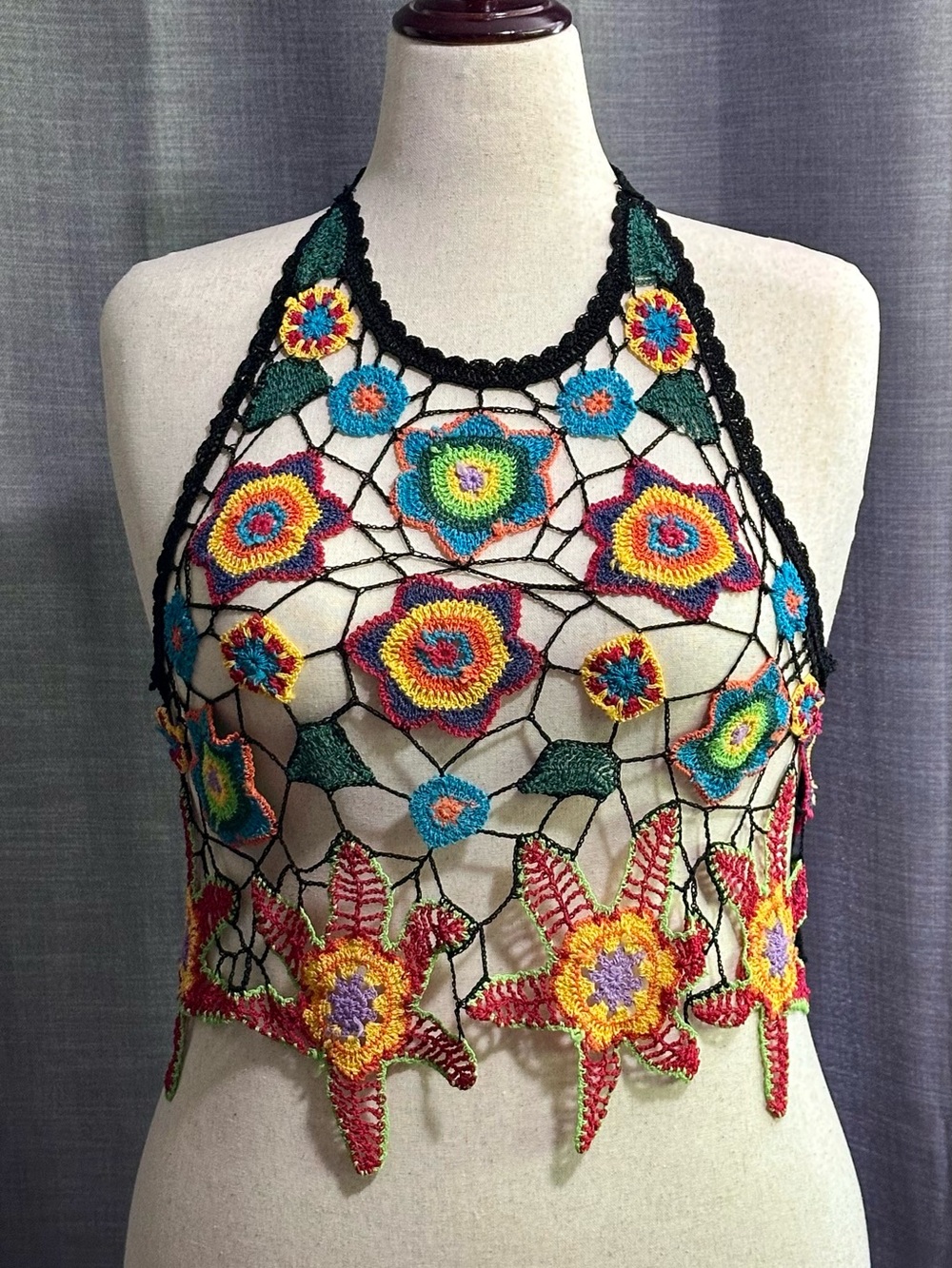 Handmade Multicolor Crochet Halter Top - Boho Festival Knit